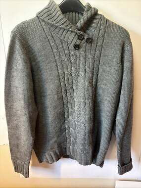 Horst Cable Knit Tall Collar Wool Blend Sweater Gray Large